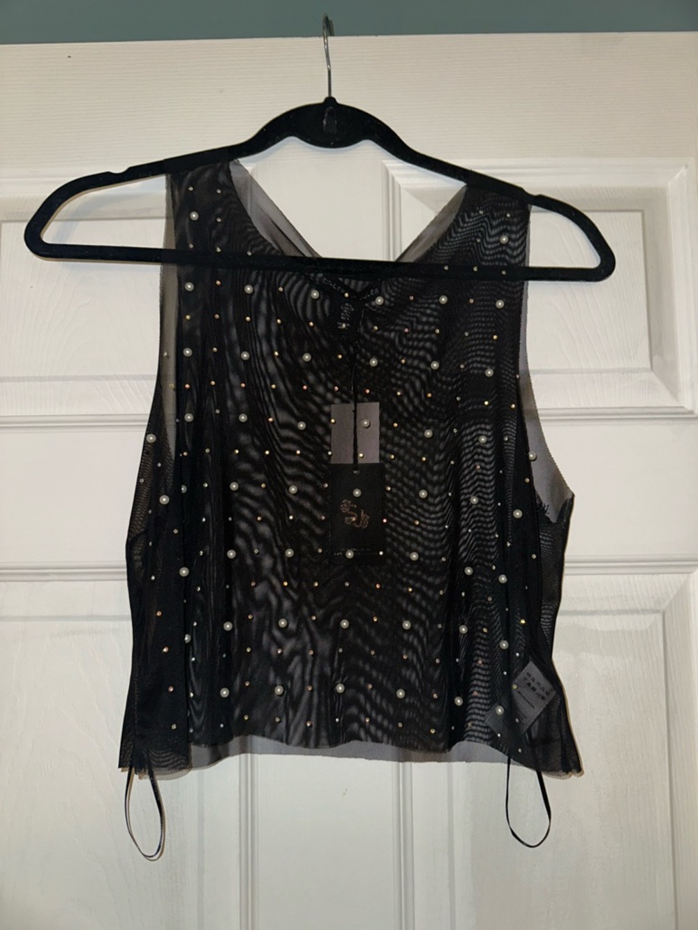 Sincerely Jules Black Pearl-Studded Sheer Mesh Cropped Tank